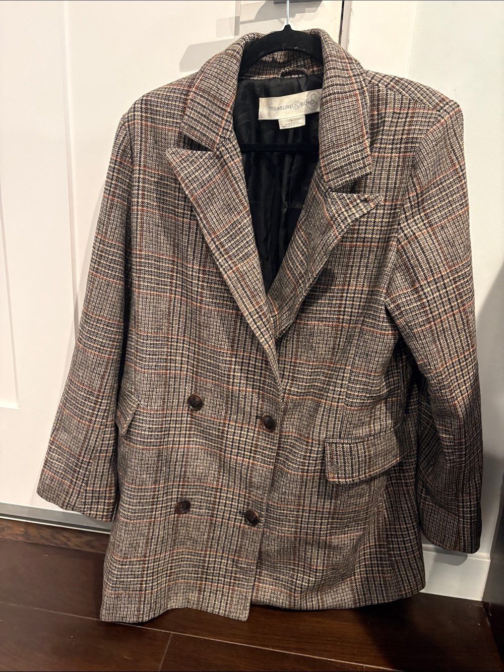Treasure & Bond Brown Plaid Double-Breasted Blazer with Subtle Orange Check